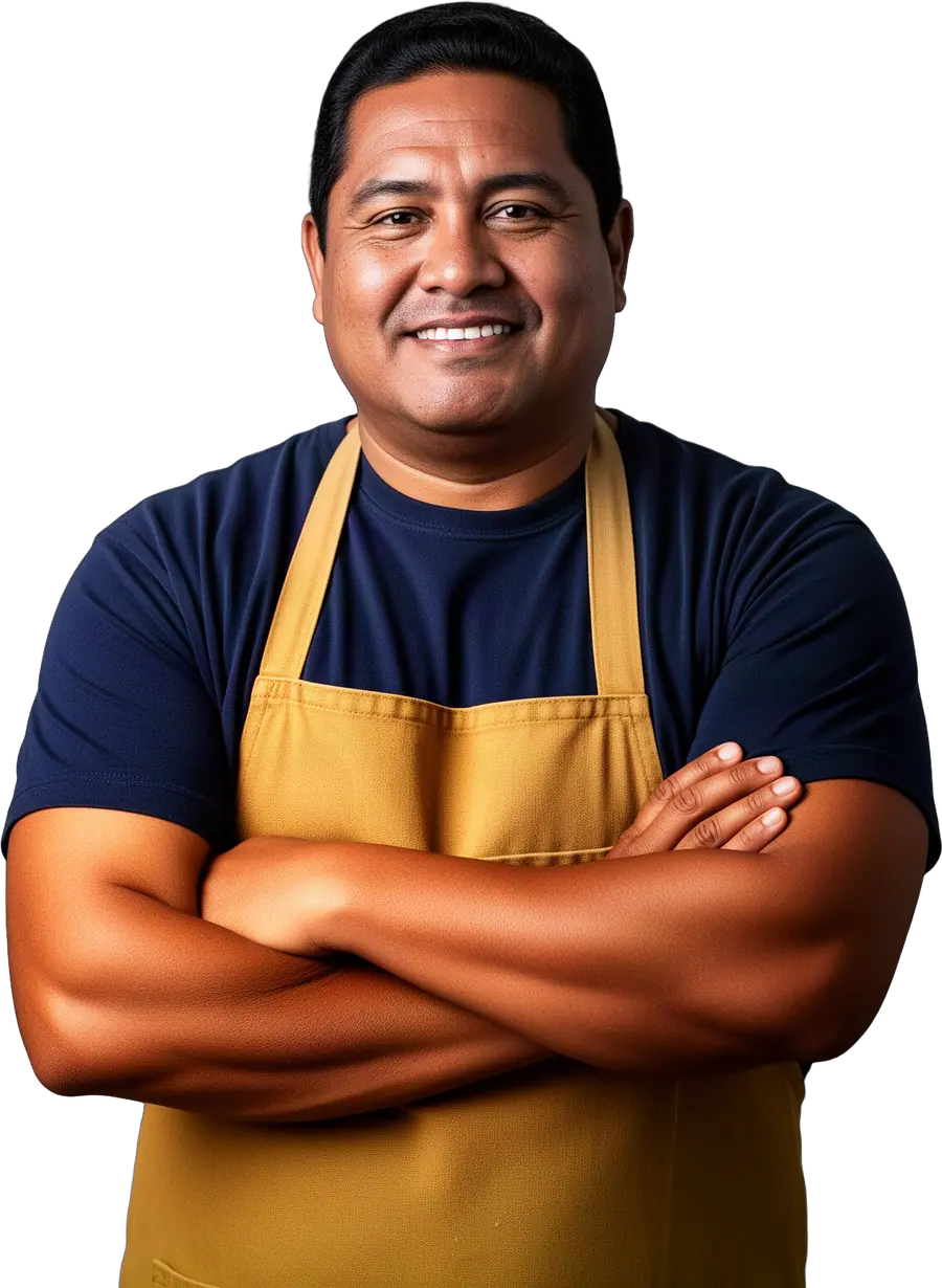 A smiling man with short black hair in a navy crew-neck t-shirt under a tan canvas apron with arms crossed.