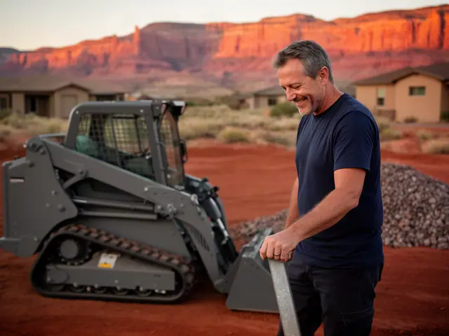 A man with short gray-brown hair beside new equipment in a small excavation and landscaping company.