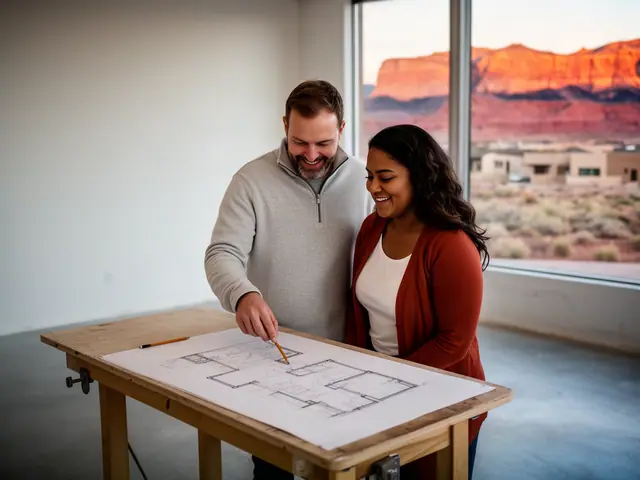 Two business partners looking over a pencil floor sketch in an empty storefront.